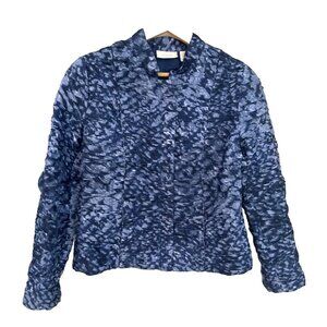 Chico's Smocked Full Zip Jacket Women's Small (0) Navy Abstract Designer Luxury
